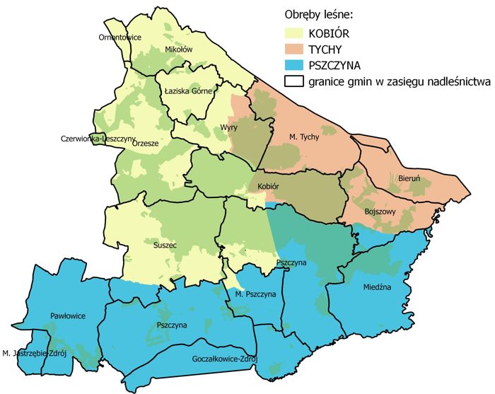 Mapa zasięgu Nadleśnictwa Kobiór wg gmin