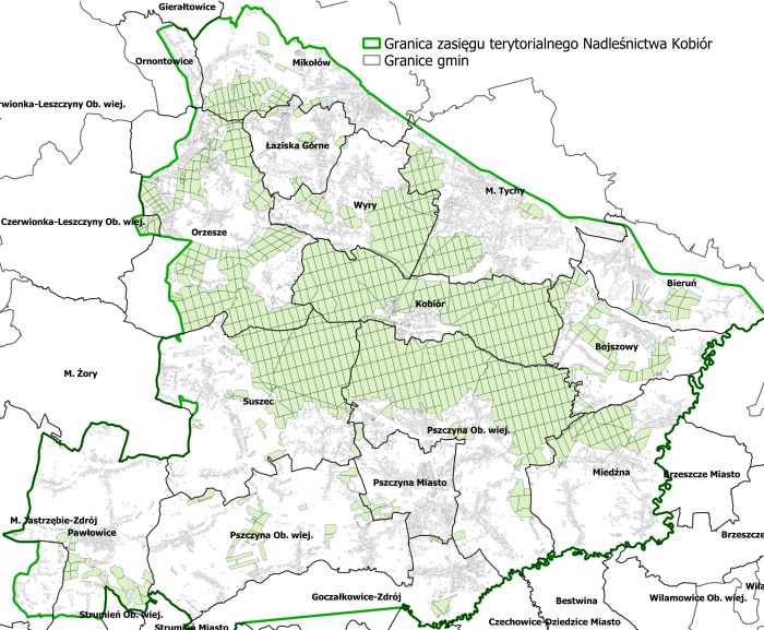 Mapa zasięgu Nadleśnictwa Kobiór wg gmin