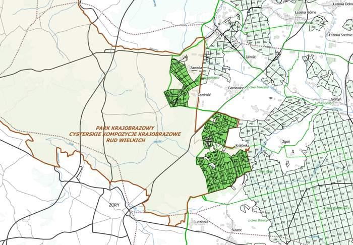 Lasy Nadleśnictwa Kobiór w zasięgu Parku Krajobrazowego Cysterskie Kompozycje Krajobrazowe Rud Wielkich
